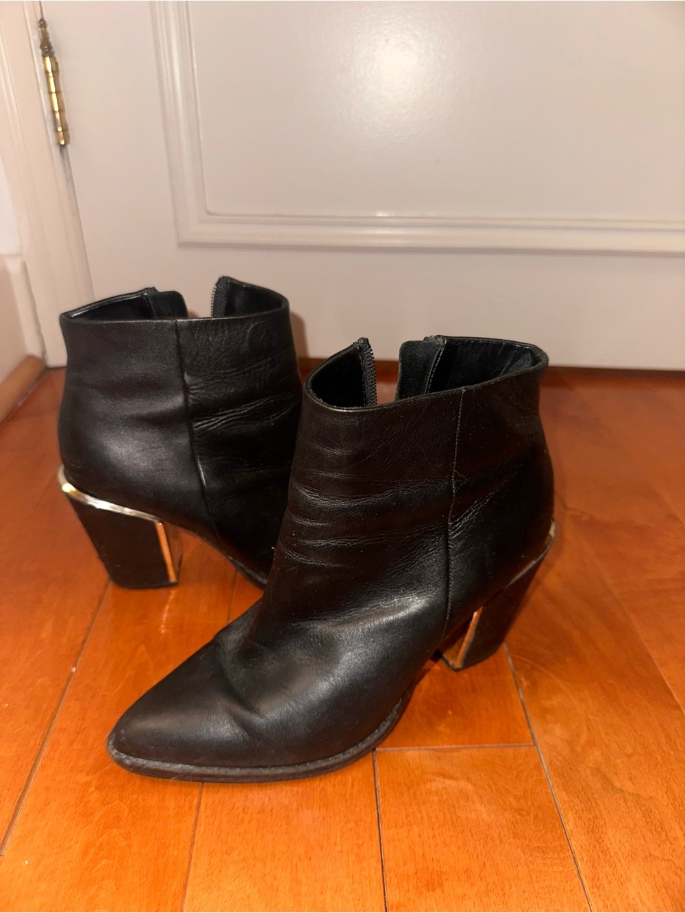 Aldo Black Leather Ankle Booties with Gold Block Heel Trim